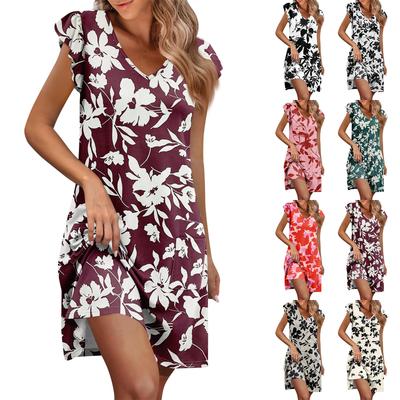 Женское летнее платье с рукавами-рюшами, V-образным вырезом, короткие платья, модное, повседневное, свободное, А-силуэта, платье-солнце с карманом