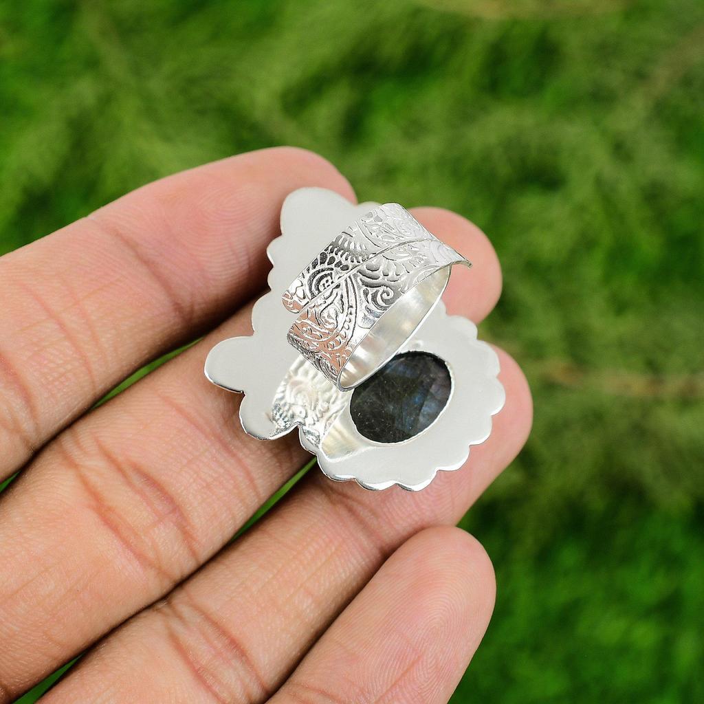 Gift For Women Statement Adjustable Ring 925 Silver Natural Labradorite Gemstone