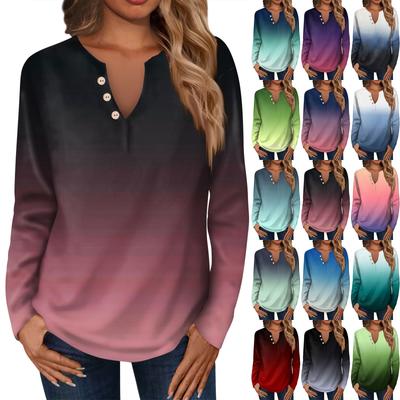 Женская мода, повседневная свободная футболка с v-образным вырезом и длинным рукавом, женский топ с декоративными пуговицами