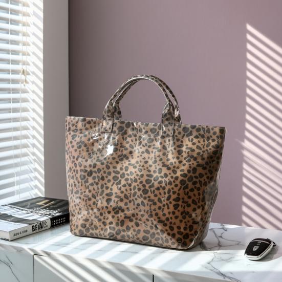 Glossy Striped Tote Bag PVC Handbag Stylish Waterproof Large Capacity Checkered Leopard Print