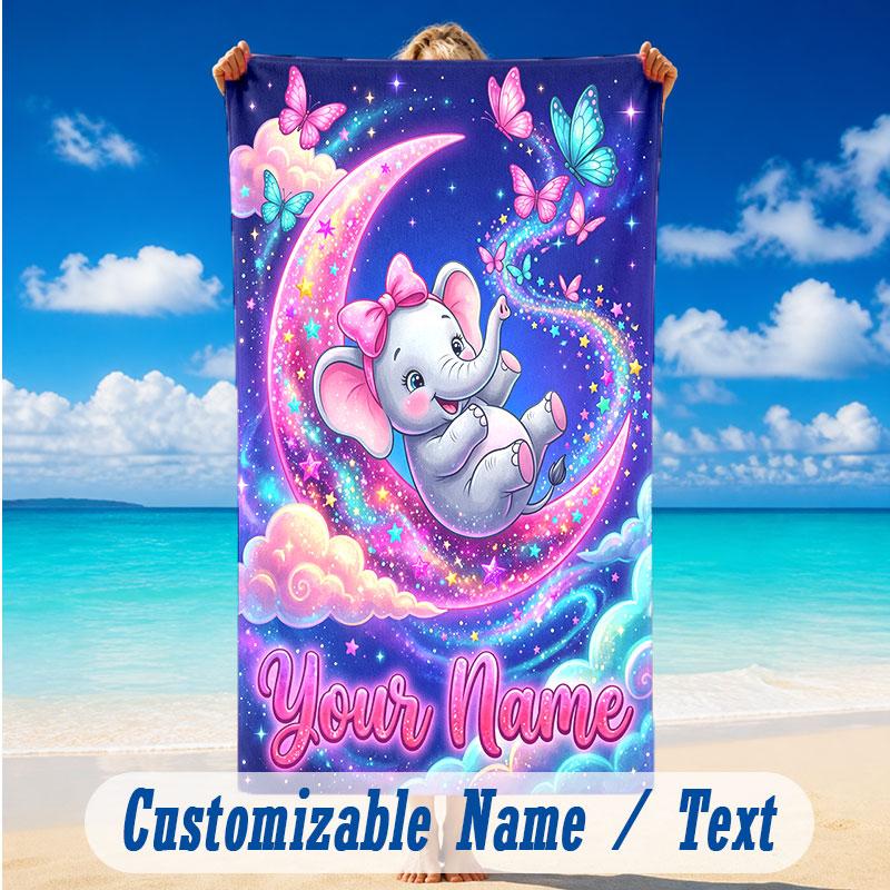 Elephant Theme Beach Towel Personalized Custom Name & Text Soft Quick Dry Beach Towel for Swimming Travel