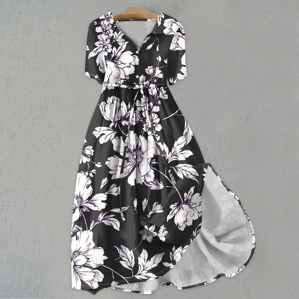 Женская мода повседневное платье с воротником с лацканами и короткими рукавами с принтом и ремнями