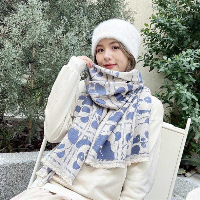 Winter New Panda Imitation Cashmere Jacquard Scarf Women's High-end Sense Versatile Core-spun Yarn Shawl Thickened Warm Scarf