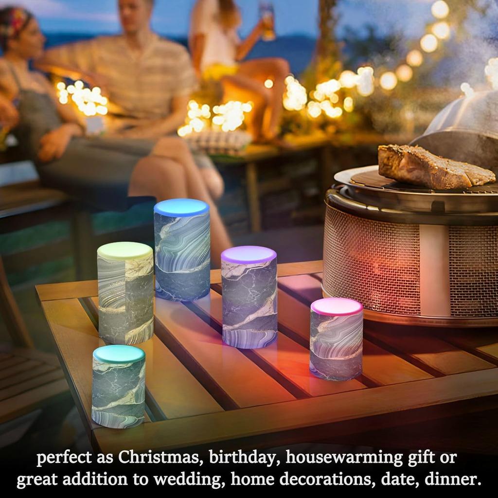Flameless Candles Battery Operated Black Gold Marble Flickering LED Pillar Candles with Remote Control Colour Changing Warm Light Candles for Wedding