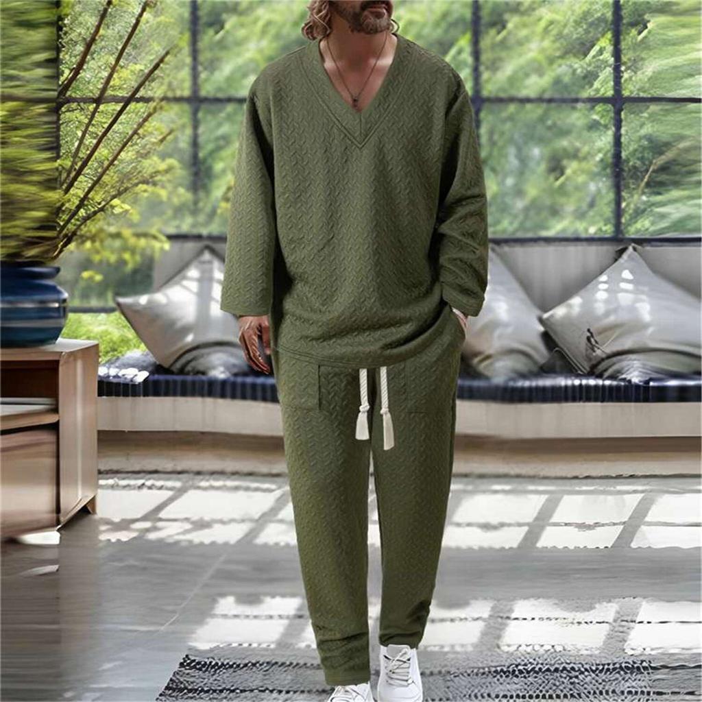 Осенний повседневный мужской текстурированный однотонный пуловер с V-образным вырезом, с короткими рукавами, комплект брюк с карманами на кулиске
