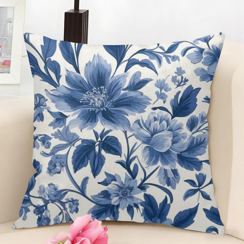 Blue And White Porcelain Cushion Cover Natural Linen Organic Fabric DoubleSided Printing Couch Pillow Covers Home Decor