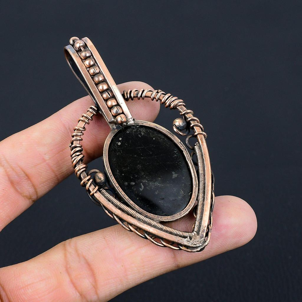 Silver Sheen Obsidian Gemstone Handmade Jewelry Pure Copper Wire Wrapped Pendant