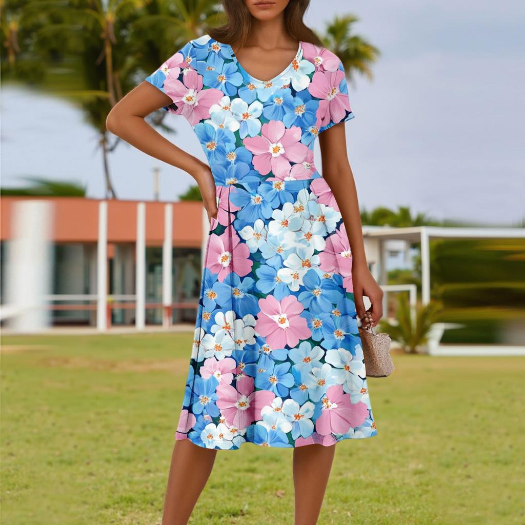 Ladies Summer Fashion Casual Floral Print V-Neck Short Sleeve Pocket Dress