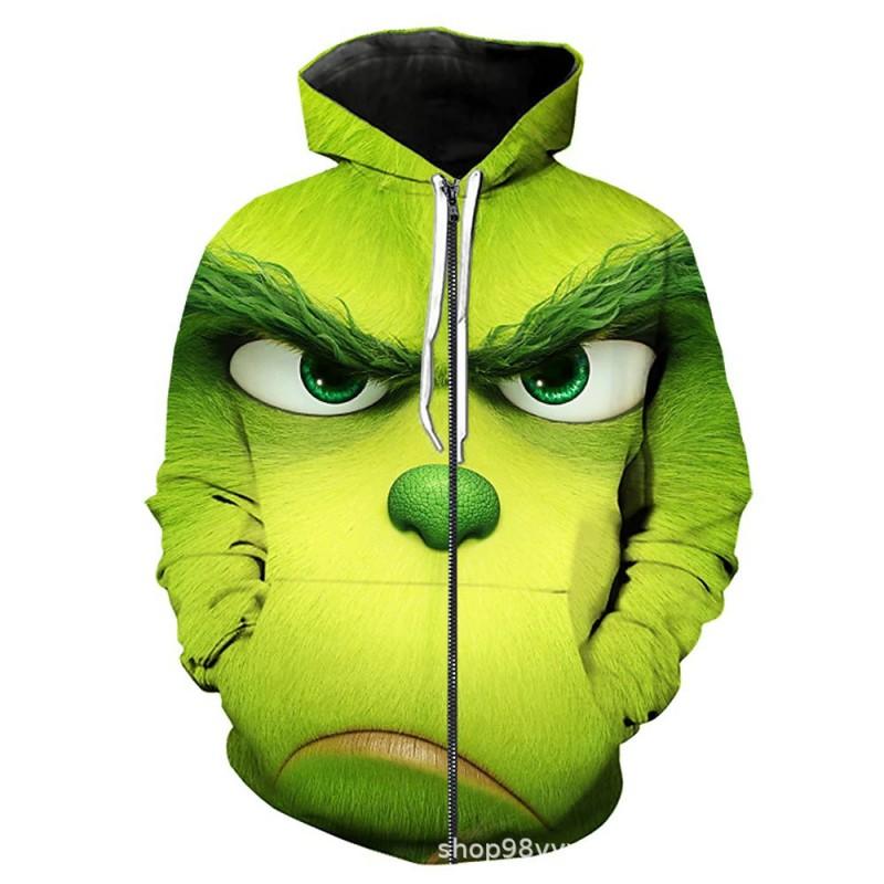 Grinch 3D Printed Hooded Sweatshirt Men Loose Fit Casual Zip-Up Pullover With Appliqu Pocket