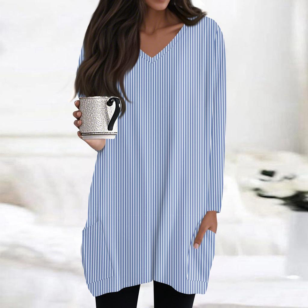 Womens Tops V-neck Long Sleeve Blouses Casual Mid-length Shirts Fashion Print Tunic Tops With Pockets