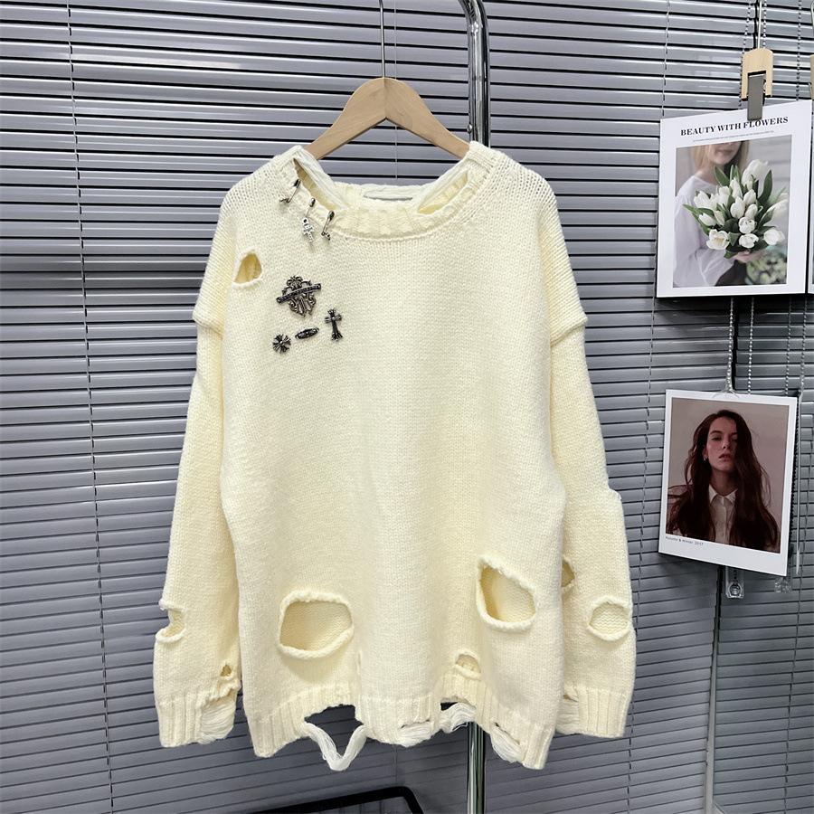 Осенне-зимний женский свитер, дизайн Sense of Niche, шикарный пуловер, свитер с рваными отверстиями, украшение на булавке, ленивый ветер, трикотаж