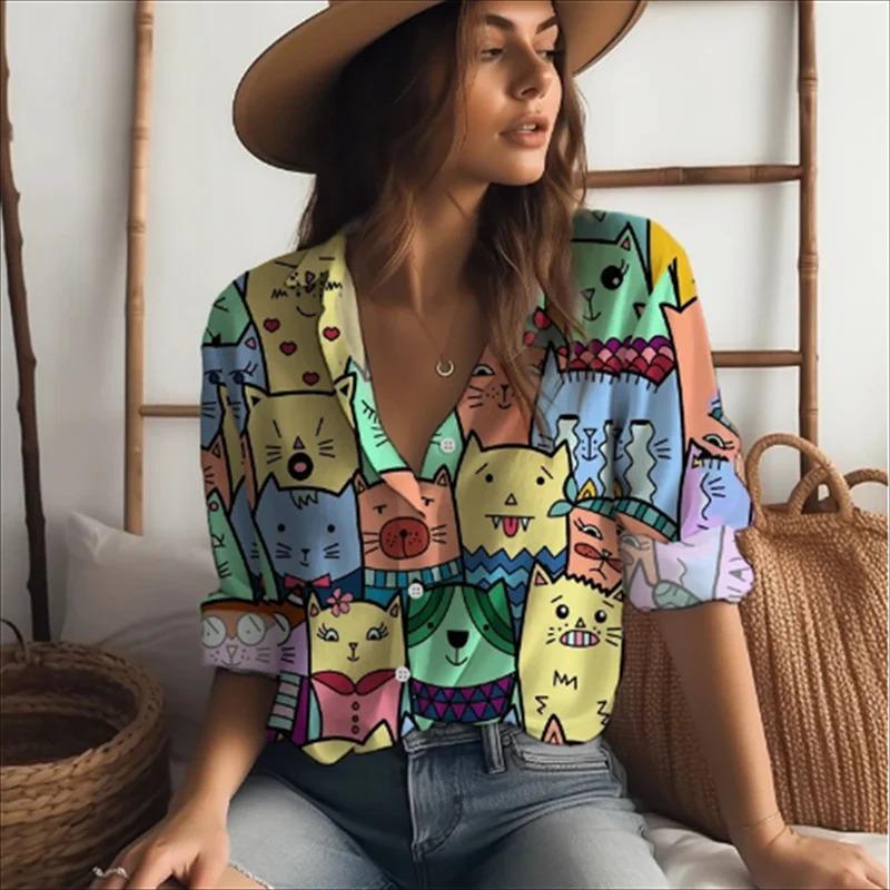 Sweet Cute Women's Shirt Casual Loose Comfortable Button Lapel Fashion Shirt Cartoon Cat Print Long Sleeve Womens Blouses Spring