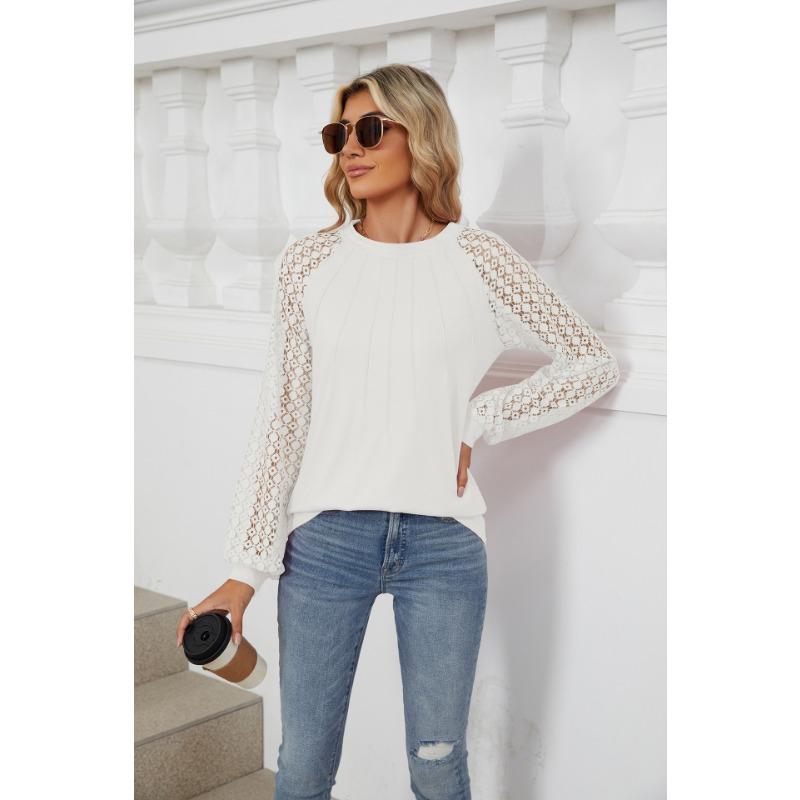 Осенняя женская блузка с кружевом и круглым вырезом, длинный рукав, свободный топ