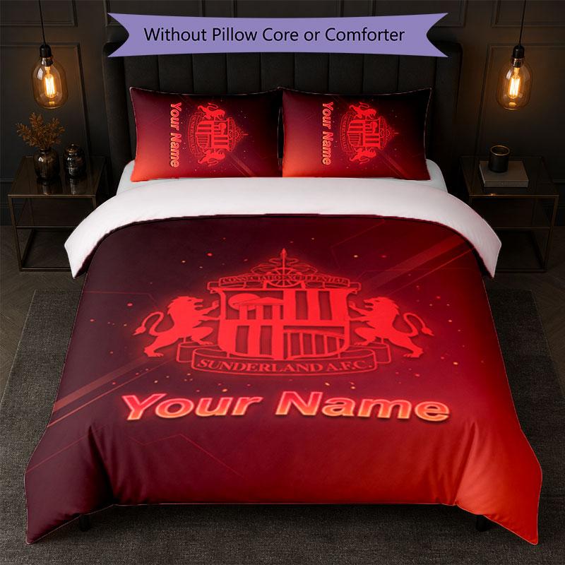 Sunderland FC Custom Name Text Bedding Set 1 Duvet Cover+2 Pillowcases Soccer Logo Personalized Gift For Special Occasion Bedroom Decor
