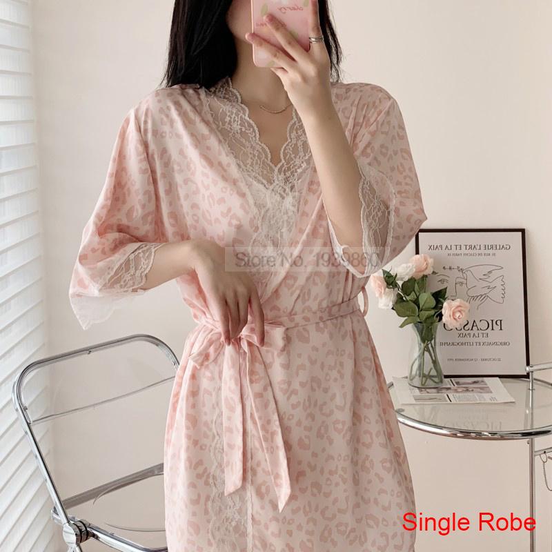 Ladies Pajama Set Summer Silk Kimono Robe Print Leopard Print 3 Piece Sleeping Set Camisole Shorts Lace Pajamas