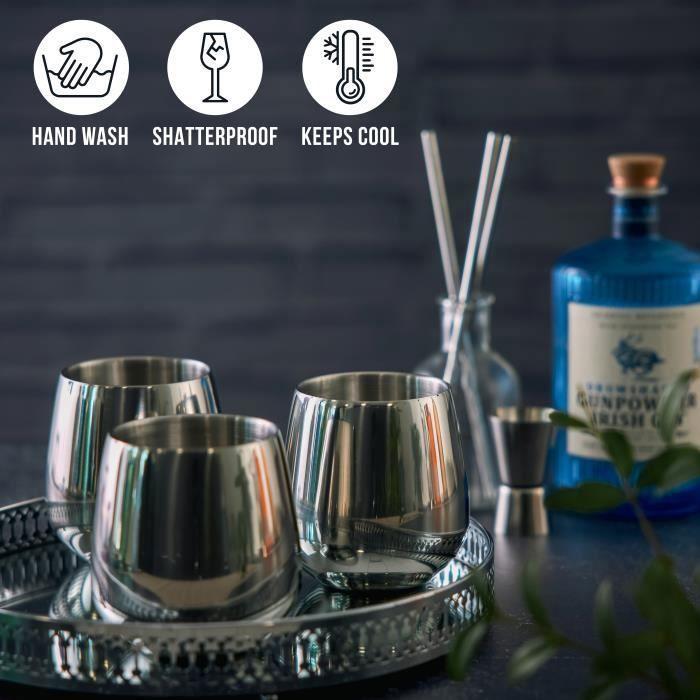 Verres à vin sans pied - oak &amp; steel - acier inoxydable - 350ml - inclus 4 pailles et 2 brosses