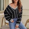 New Autumn and Winter Knitted Sweater Women's Top V-neck Contrasting Color Striped Pullover Loose Sweater Women
