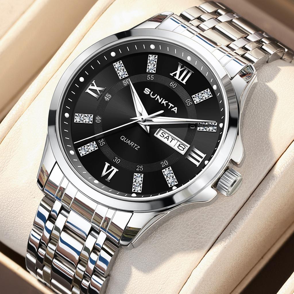 SUNKTA Men Watch With Gold Ring Dual Color Stainless Steel Blue Rhinestone Dial Business Clock Quartz Movement Men Watch