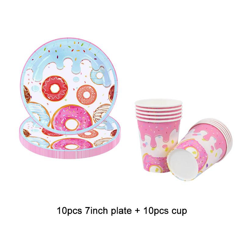 Набор одноразовой посуды для вечеринки с пончиками Бумажная тарелка Чашка Скатерть Принадлежности для украшения детской вечеринки по случаю 1-го дня рождения для девочек, Детский душ