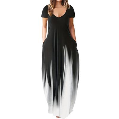 Женское платье макси с карманами, V-образным вырезом, короткими рукавами, градиентными контрастными цветами