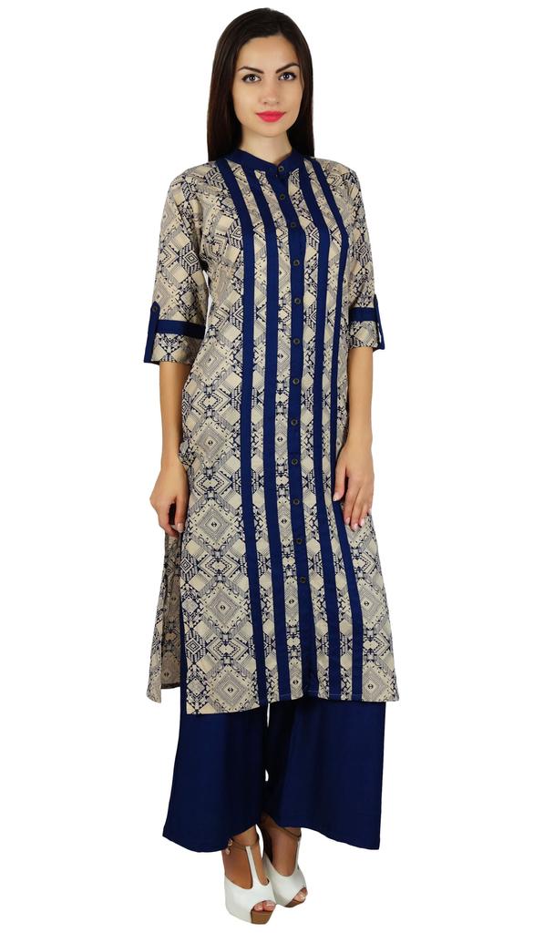 Bimba Women Blue Mandarin Collar Cotton Kurta Straight Kurti With Pockets Casual Summer Tunic