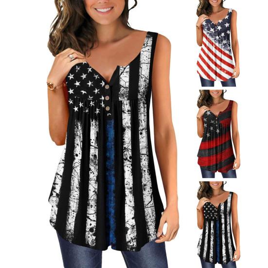 Women Vest Round Neck Buttons Half Placket Sleeveless Tank Tops US Flag Pattern Flowy Hem Camisole Daily Wear