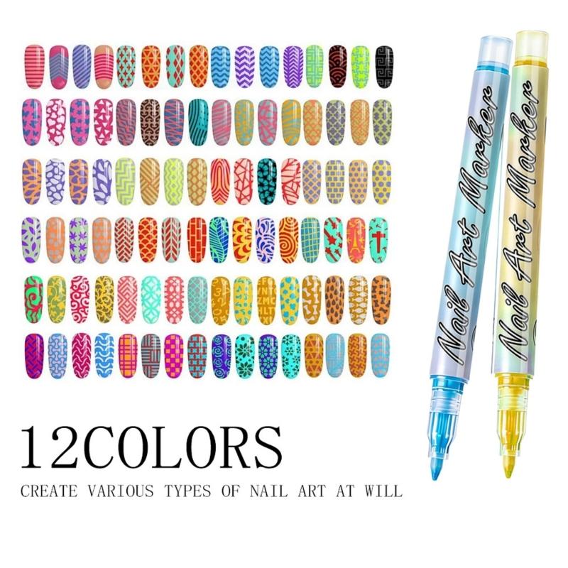 12 Color Quick Dry Nail Art Pens Fine Tip for Precise Drawing Not Require Lamp Water Based Safe for DIY Manicures