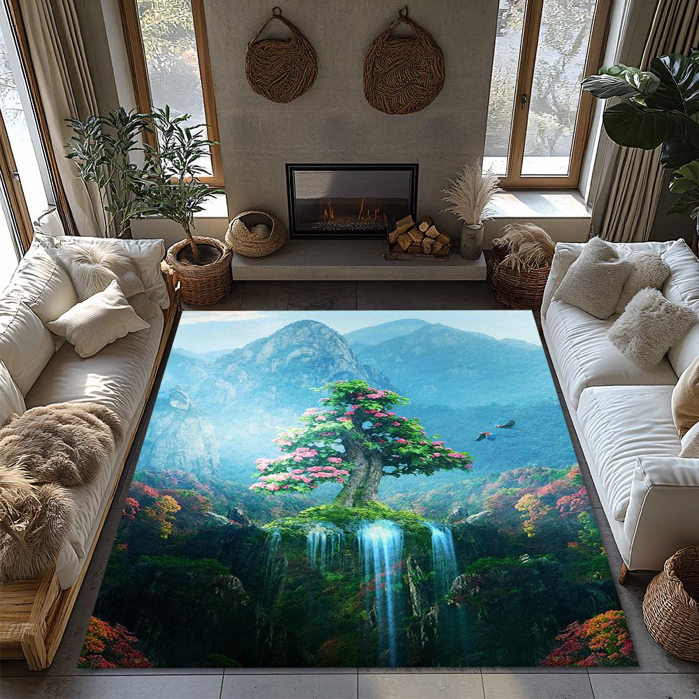 Forest Landscape Area Rug, Colorful Nature Themed Carpet for Living Room, Soft Non-Slip Mat with Tree Design, Cozy Home Decor