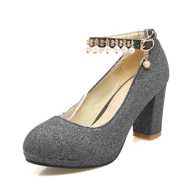 Новые импортные одиночные туфли женские толстые каблуки круглые головки легкие блестки водные столы очень большие одиночные туфли Европа и Америка