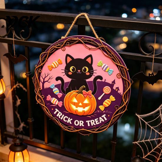 Indoor Wall Hanging Vintage Wooden Halloween Welcome Door Hanger, Pumpkin Ghost Skull Witch Front Porch Decoration Sign, Farmhouse Decor for