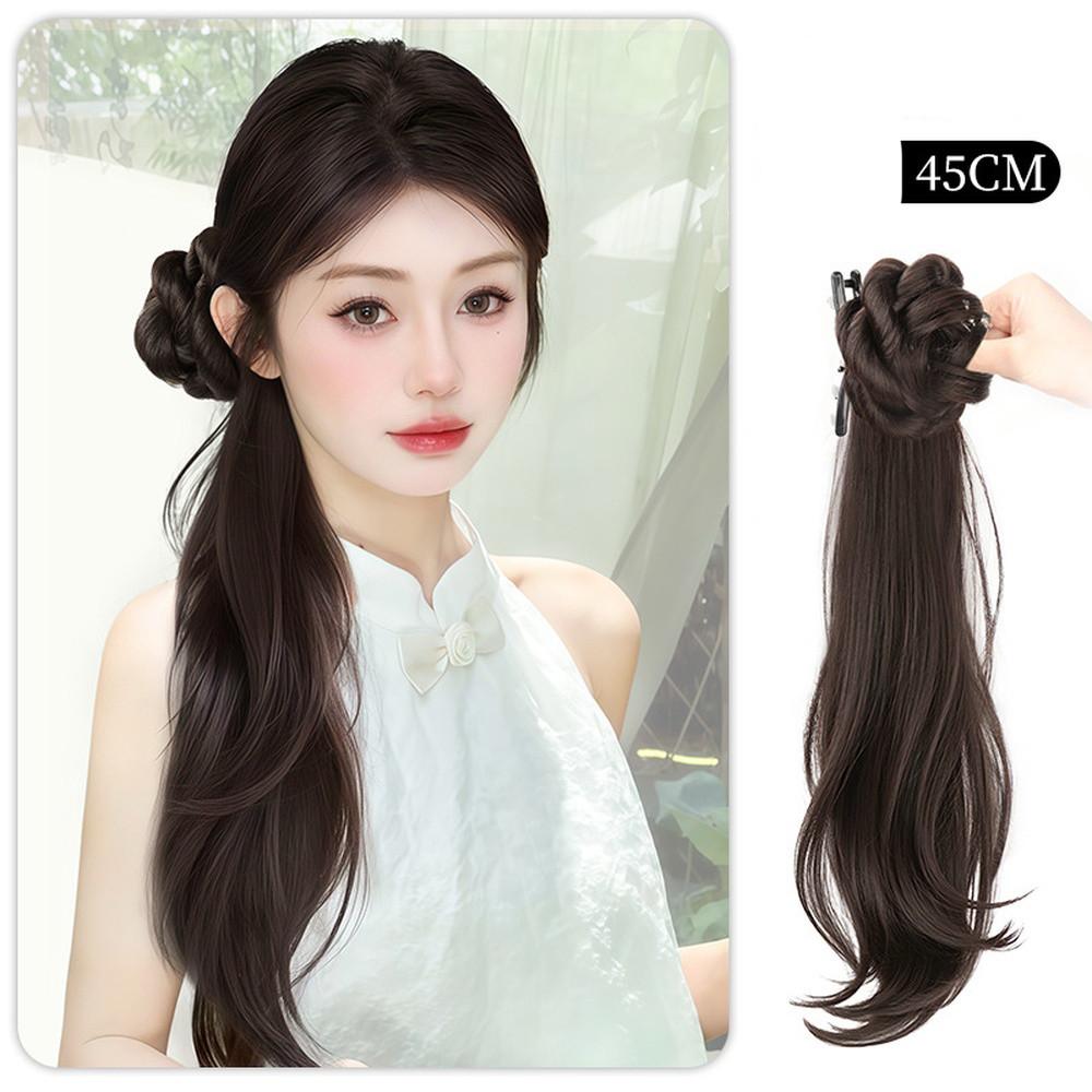 45cm Chinese Style Side Synthetic Ponytail Braids Wig Clip Women Natural Curly Fluffy Hair Extension