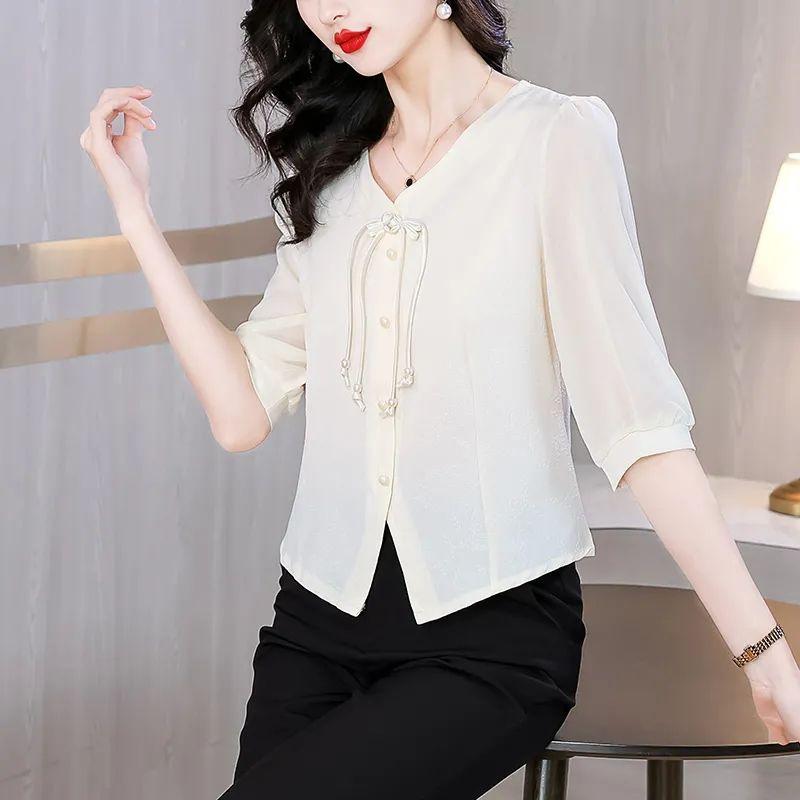 WTEMPO Women Shirt Chinese Style Elegant Long Sleeve Cheongsam Shirt Casual Women Top Female Spring Blouse for Dating