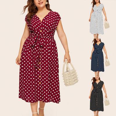 Женское платье в горошек с V-образным вырезом, летнее, однобортное, без рукавов, с большим подолом для офиса