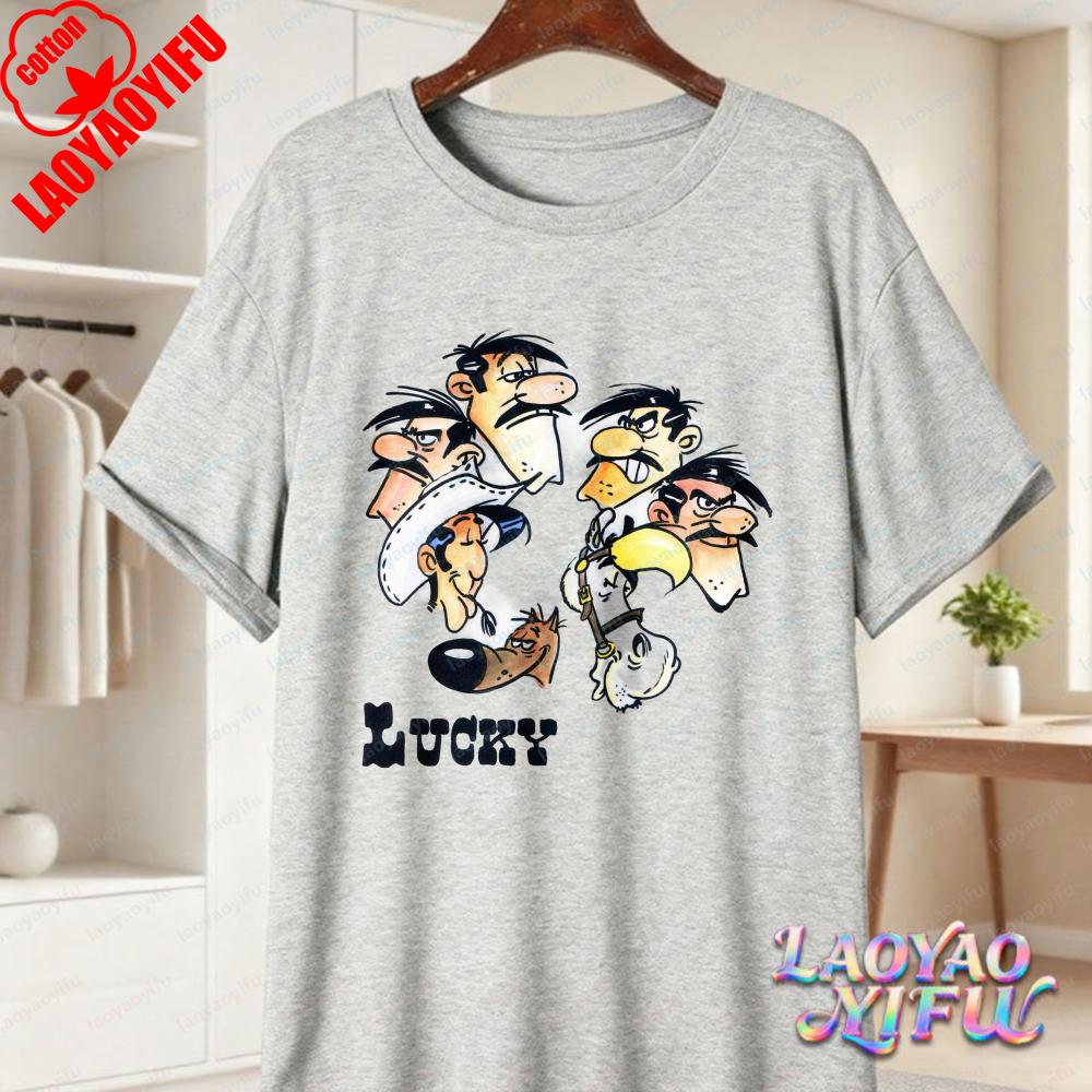 Lucky Luke Full Cast Print Casual Tops Playful Western Cartoon Cotton Tee Funny Vintage Classic Anime Shirt Trend Unisexs Clothing
