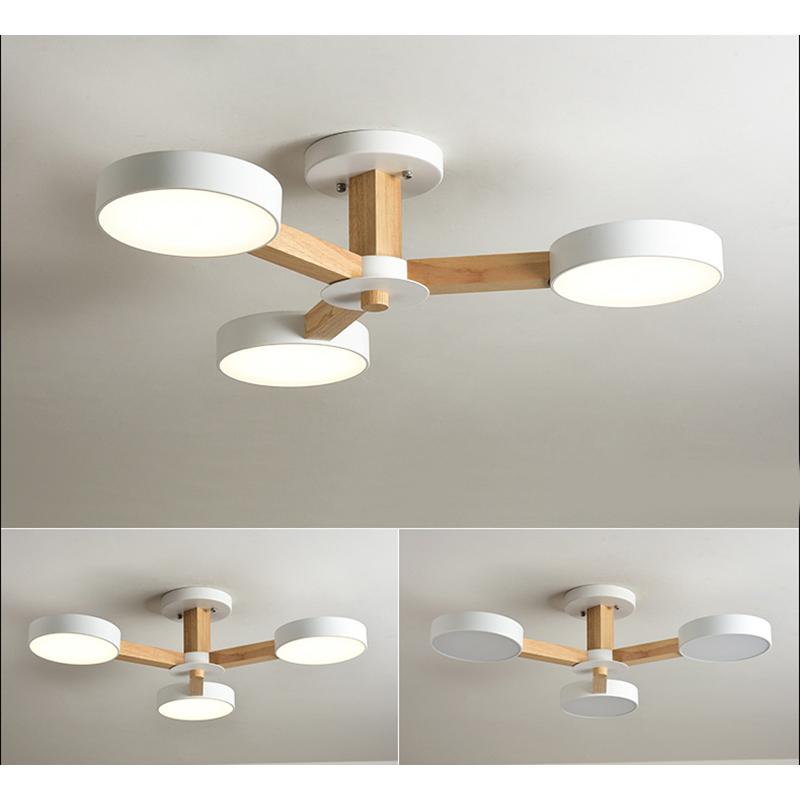 Wooden LED Chandelier with Metal Lampshade Mounted Chandeliers for Living Room White Lamp Ceiling Lustre Bedroom Hanging Light