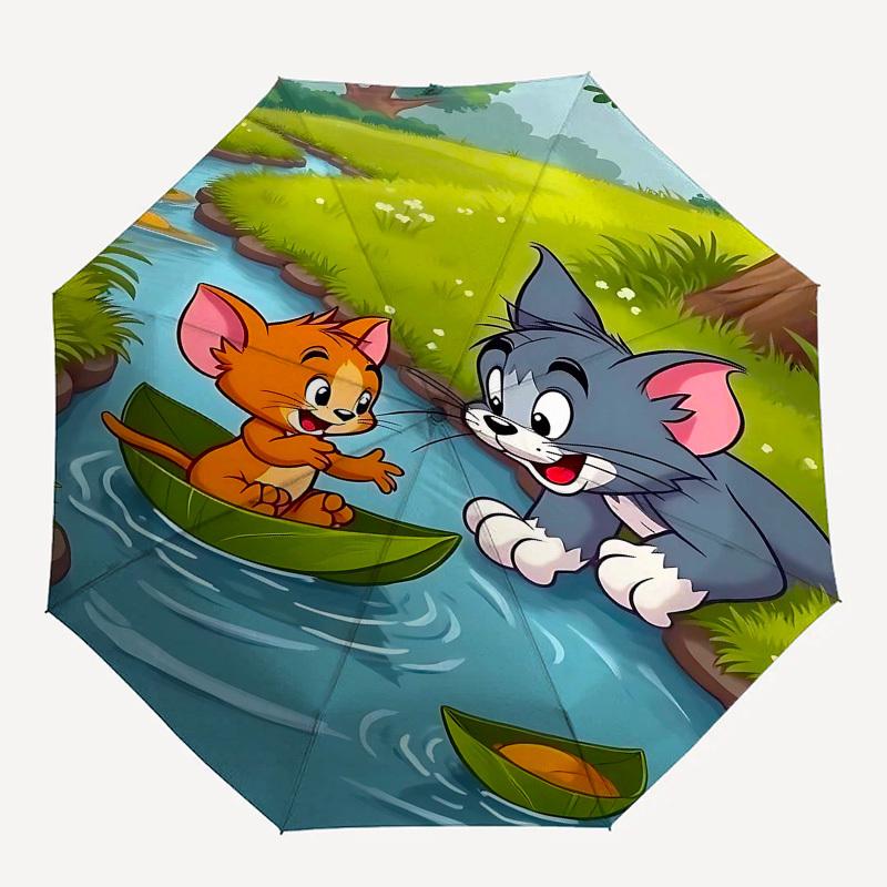 1pc Tom, Jerry Automatic Folding Umbrella - Compact 8-Rib Design, Durable Plastic & Iron1282L