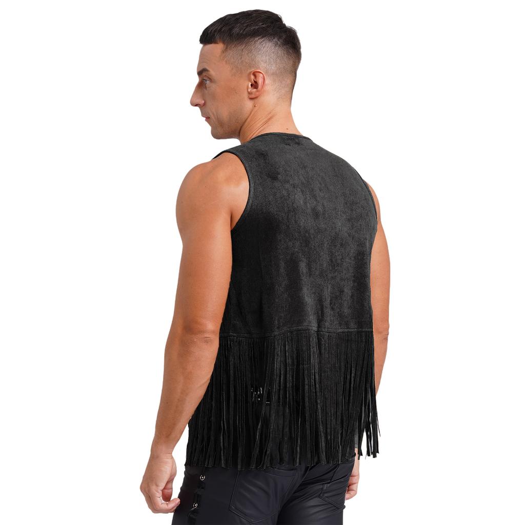 Mens Western Cowboy Vintage Faux Suede Tassel Vest Tops Open Front Rivets Fringe Waistcoat Jacket Festival Rave Party Clubwear