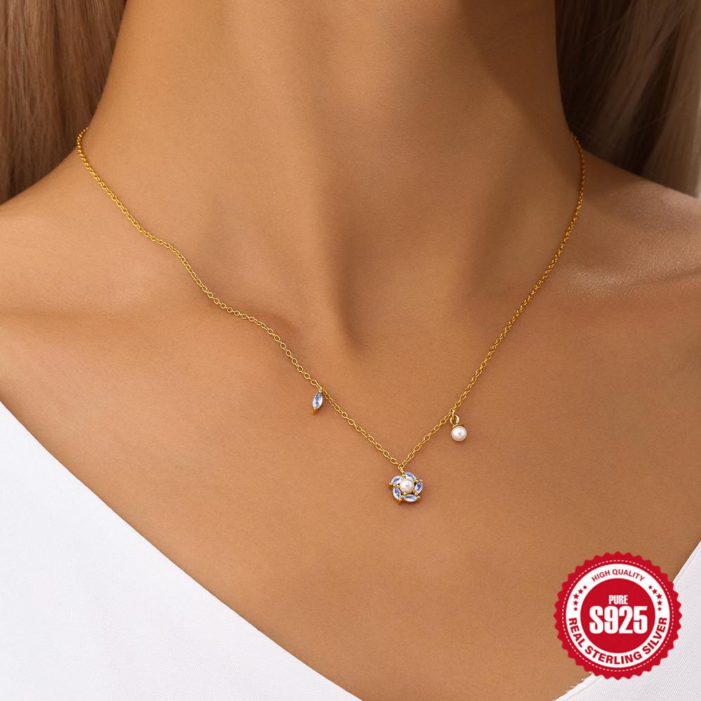 Fashion Trend S925 Sterling Silver Shallow Sea Blue Horse Eye Zircon Spliced Into Snowflake Pearl Small Fresh Necklace