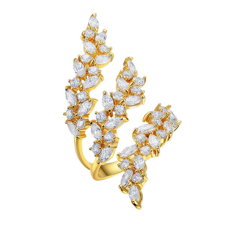 Элегантное женское кольцо с дизайном пшеничного колоса, полностью инкрустированное бриллиантами, с медным покрытием из 18-каратного белого золота - Модель R6685.