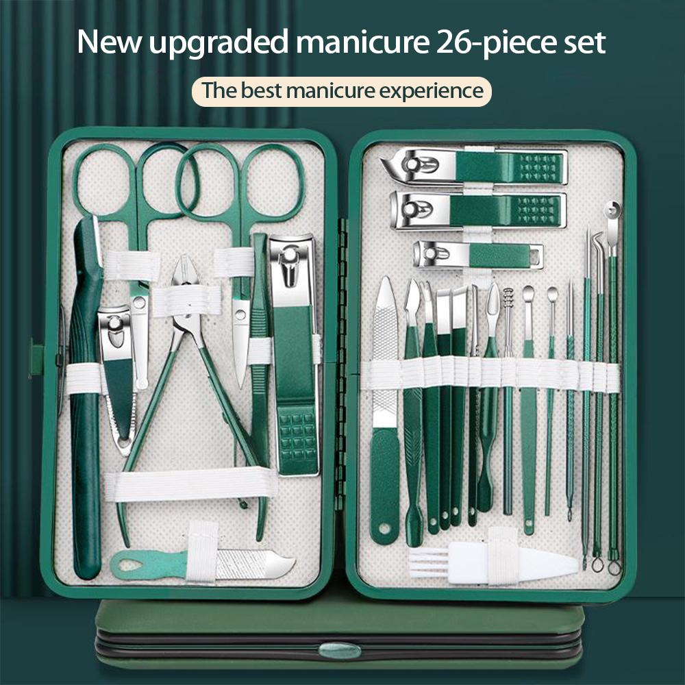 Набор из 26 темно-зеленых маникюрных щипчиков из нержавеющей стали с кусачками для удаления омертвевшей кожи, ножницами для ногтей, инструментами для ногтей