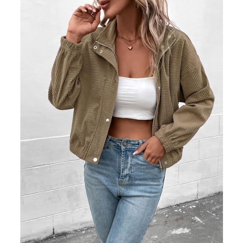 Women S Stand Collar Single Breasted Corduroy Solid Casual Jacket