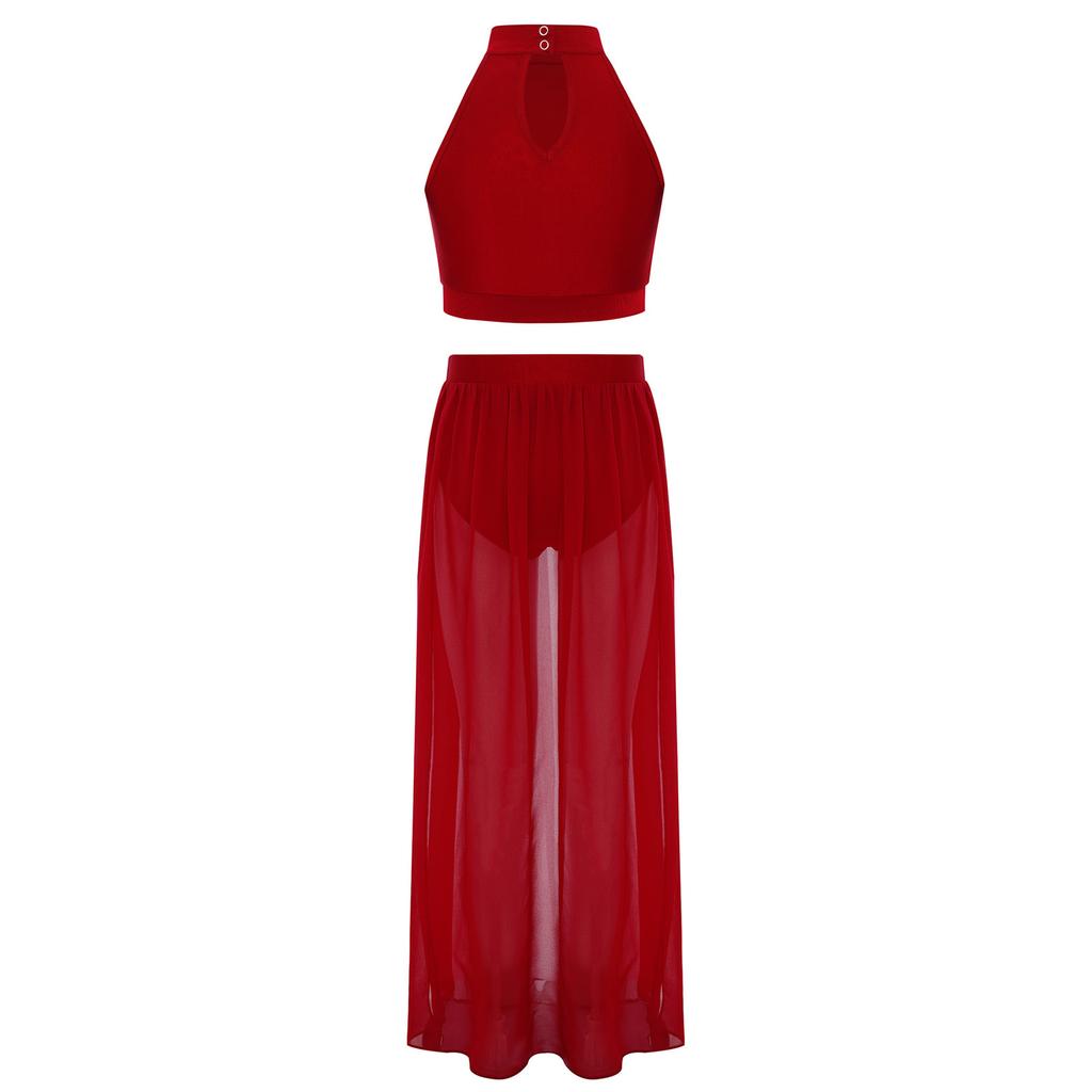 Костюм для лирического танца для девочек, кроп-топ без рукавов с цветными блоками, сборкой спереди и вырезом-капелькой сзади, летящая шифоновая юбка