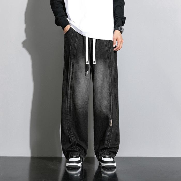 Джинсы Американский Уличный Ретро Эластичная Талия Деним Мужские Свободные Прямые Широкие Брюки