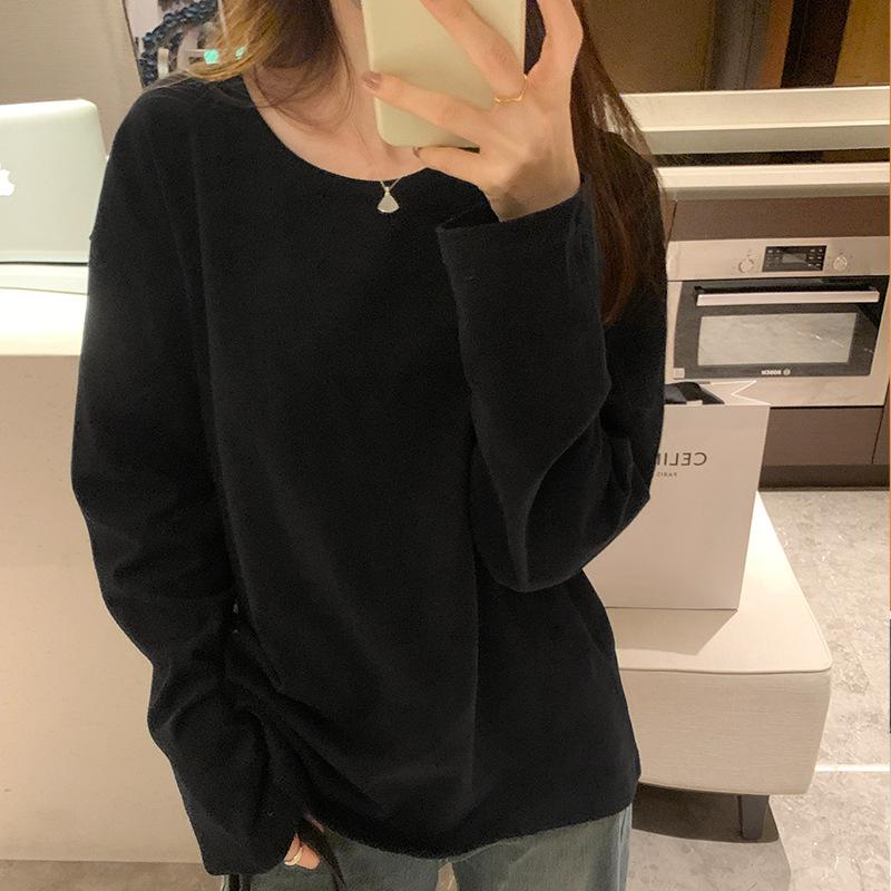 Round Neck Fashionable Loose White T-shirt with Long Sleeves for Women's New Korean Style Lazy Autumn and Winter Bottoming Shirt Top