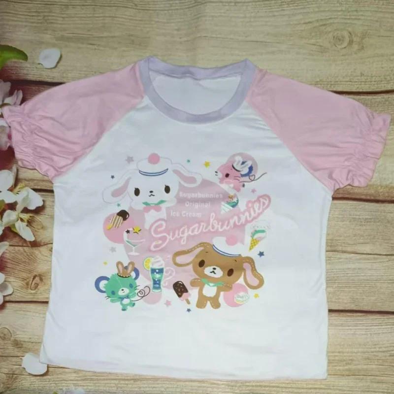 Японские Каваи Кроп-топы Мультяшный Принт Харадзюку Лолита Футболки с Коротким Рукавом Женские Y2k Эстетика Приталенная Футболка Винтаж Фейри Гранж