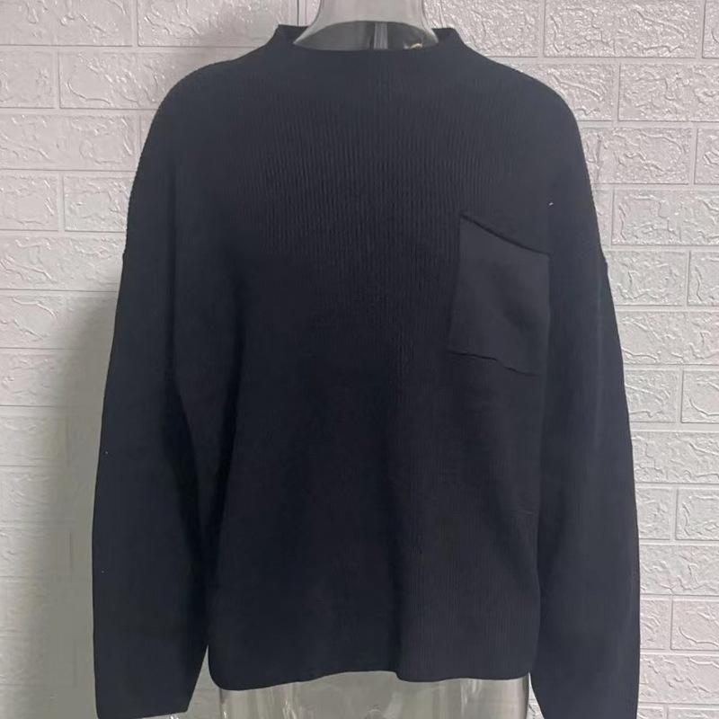 Sweater Women's Fashion Crew Neck Top Casual Long Sleeve Pocket Knitted Pullover