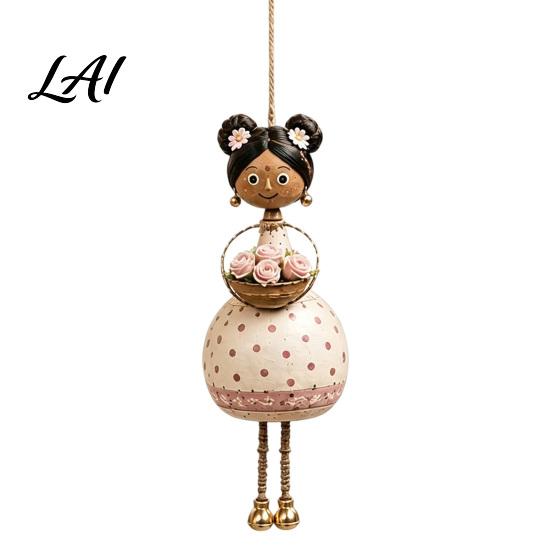 Vintage Dancing Girl Hanging Pendant Hand‑Painted Folk Style Ornament Ethnic Doll with Bell & Basket Rustic Art Resin Ornament Boho Wall