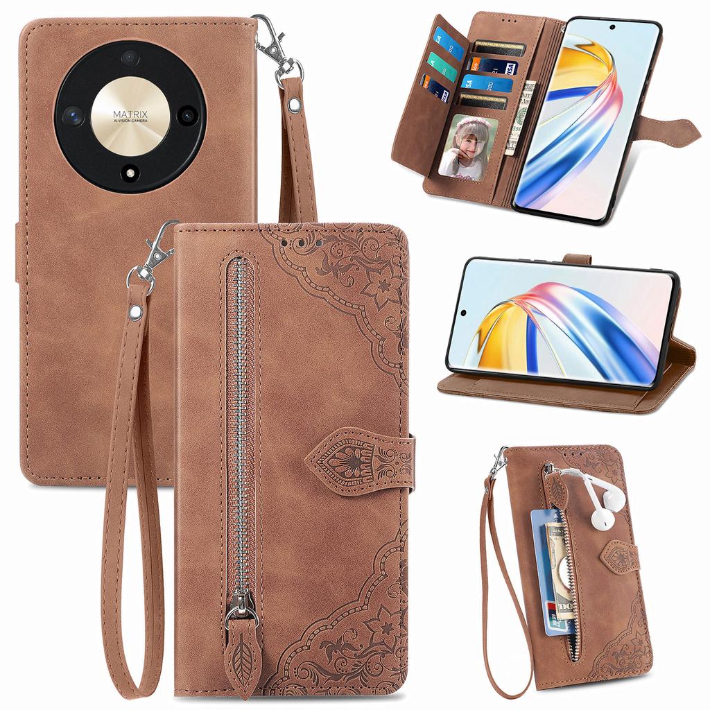 Чехол-кошелек на молнии для Honor X9b 5G/Magic6 Lite 5G с ремешком, чехол для телефона из ПУ кожи с цветочным тиснением