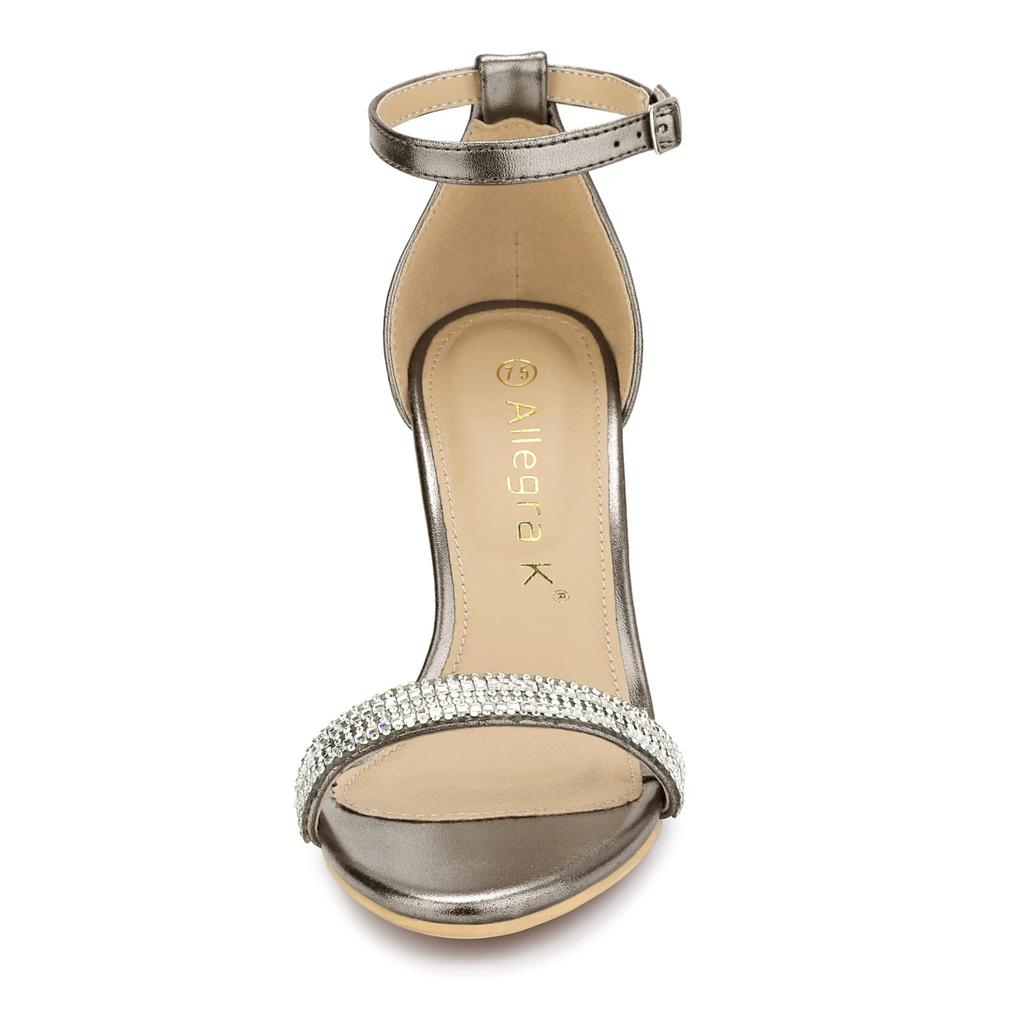 Allegra K Women's Gunmetal Strap Sandals with High Heels, Rhinestones, and Shiny Ankle Straps, Size 24.5