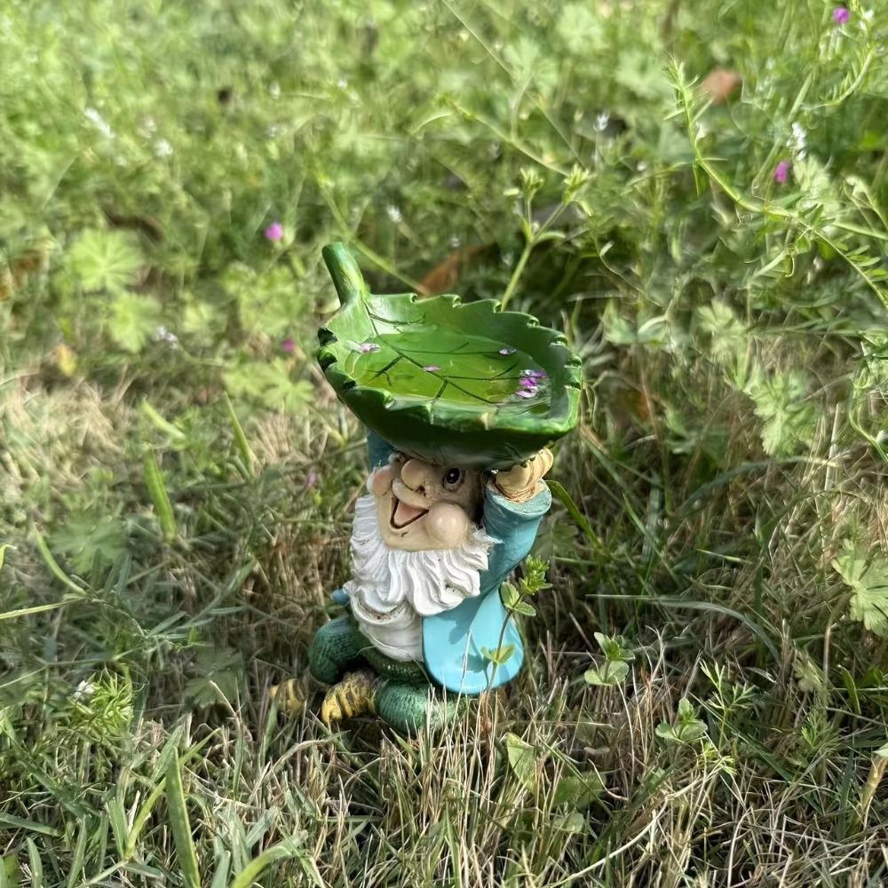 Resin Bird Feeder Holding Leaves Garden Gnome Statue Creative Dwarf Sculpture Patio